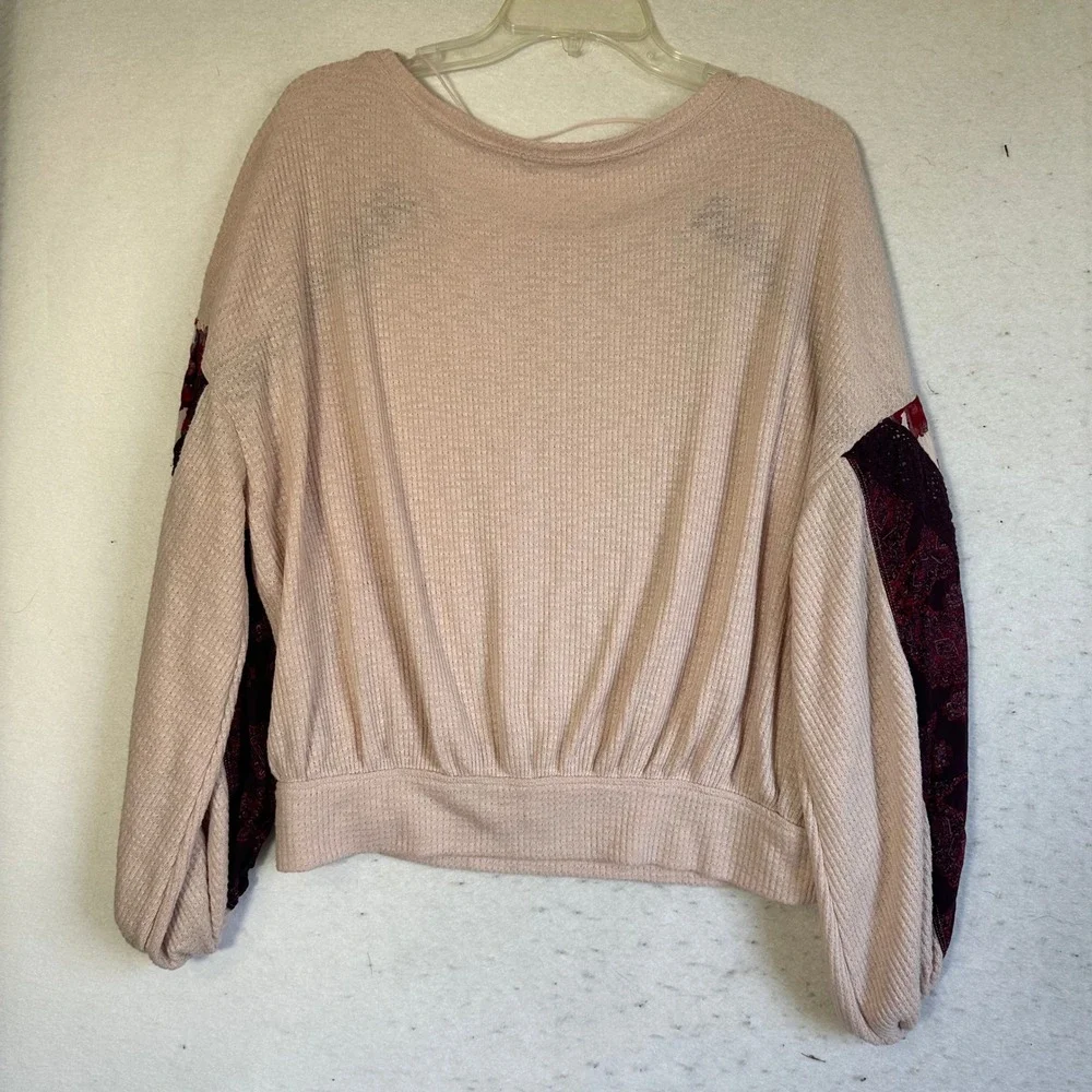 Free People Thermal Knit Balloon Sleeve Patchwork Top Peach Burgundy Medium